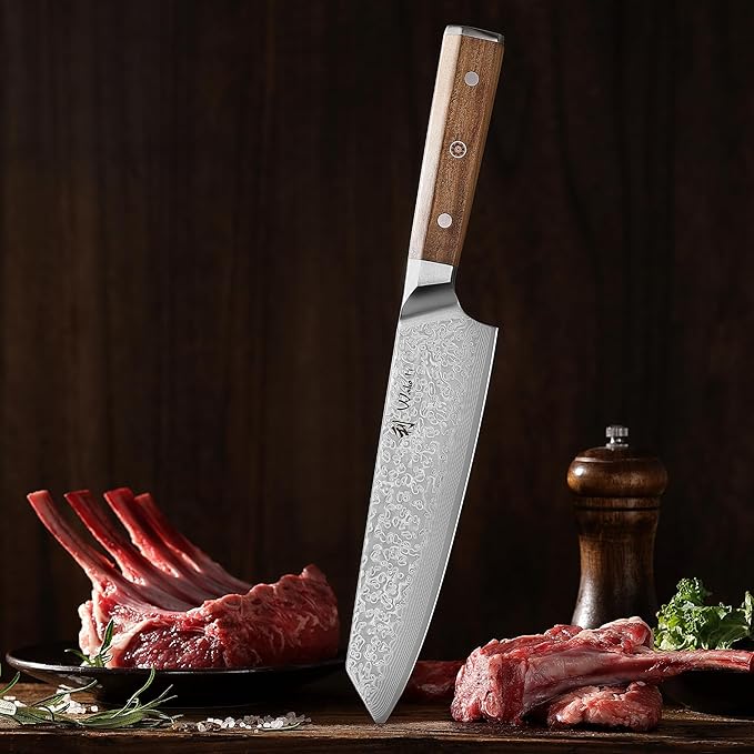 Wakoli Oribu Kiritsuke Chef's Knife – Full Tang Kitchen Knife | 8-Inch Blade Made of 67-Layer Damascus Steel with AUS-10 Core | Ergonomic Olive Wood Handle | Professional & Durable