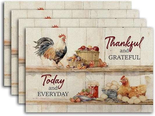 Cute Rooster Rustic Placemats Tablemats Resistant Place Mats Kitchen Decor Dining Decoration for Party, Washable Placemats Set of 4-10