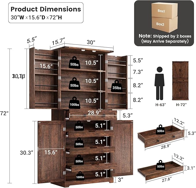 ELYKEN 72" Kitchen Pantry Storage Cabinet with Barn Doors, Pull Out Shelves & Drawer Organizer, Farmhouse Tall Kitchen Cupboard Cabinet, Wood Food Pantry for Kitchen Dining Room, Rustic Brown