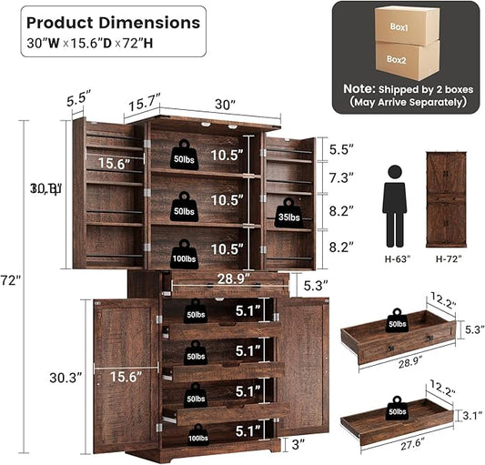 ELYKEN 72" Kitchen Pantry Storage Cabinet with Barn Doors, Pull Out Shelves & Drawer Organizer, Farmhouse Tall Kitchen Cupboard Cabinet, Wood Food Pantry for Kitchen Dining Room, Rustic Brown