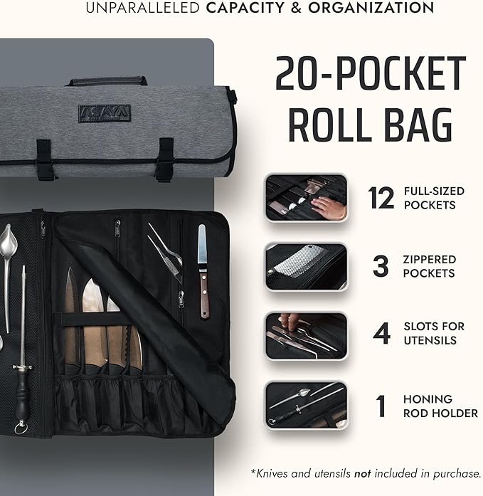 Asaya Chef Knife Roll Bag - 20 Total Pockets for Knives and Kitchen Utensils - Made with Stain Resistant Waxed Nylon - For Chefs and Culinary Students - Knives Not Included(Grey)