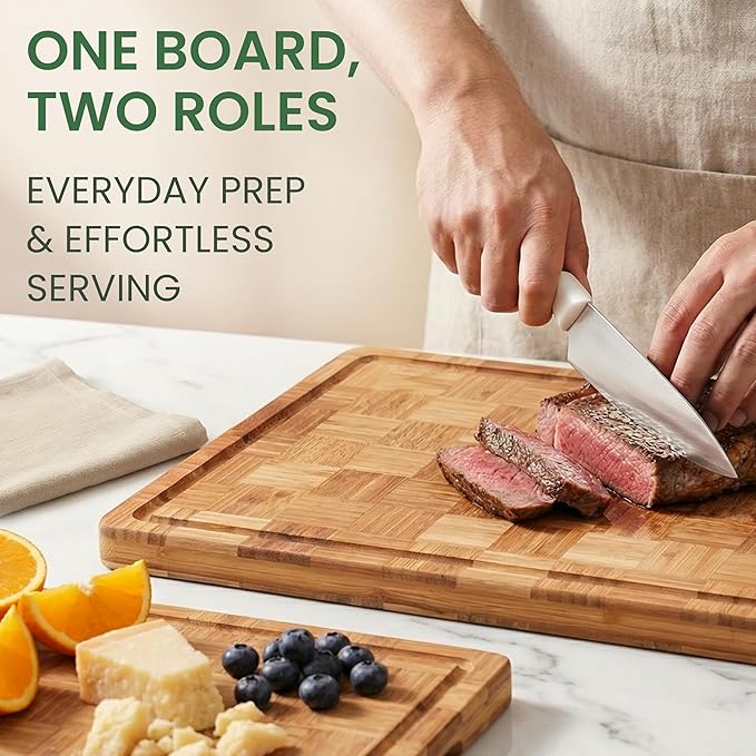 Premium Carbonized Bamboo Cutting Boards – Durable Wooden Chopping Boards with Juice Grooves – Small, Medium, Large & 3-Piece Set – Eco-Friendly, Thick, Crack-Resistant, Easy Grip (Large)