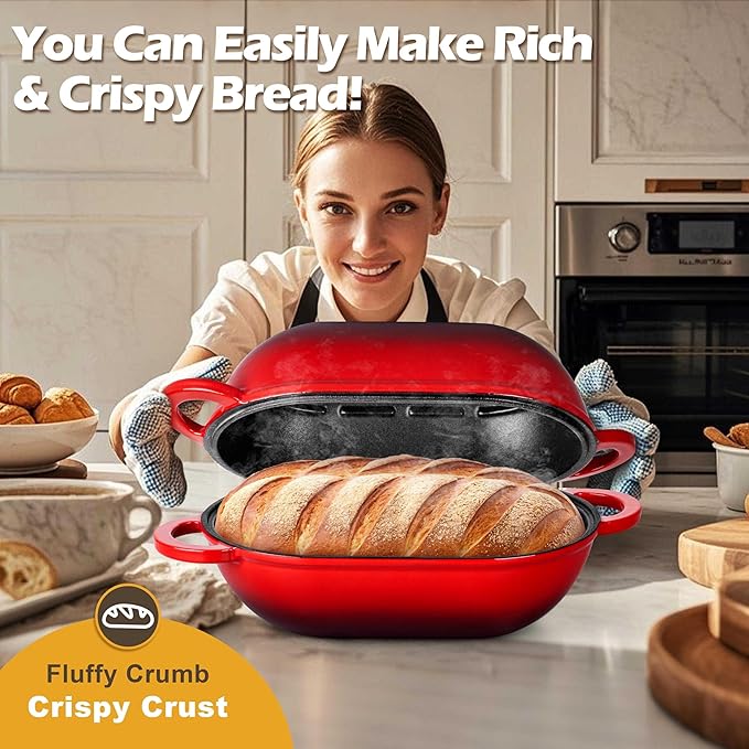 Homikit Enameled Cast Iron Dutch Oven for Bread Baking, 2.8 QT Oval Bread Oven Pot with Lid, Sourdough Loaf Iron Dutch Oven Pan for Roasting Cooking, Red & Heavy Duty