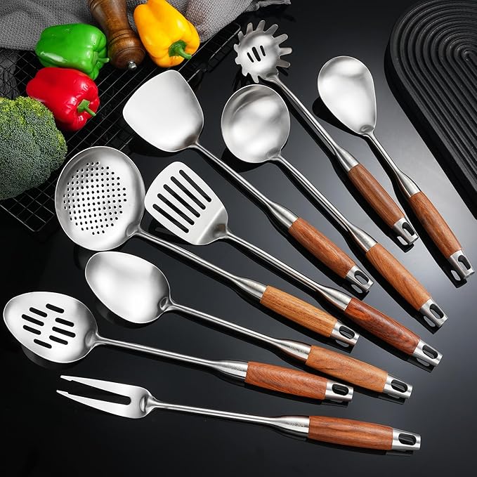 Stainless Steel Kitchen Utensils Set with Wooden Handle for Cooking 9 PCS with Solid and Slotted Spoon, Fork, Spatula, Ladle, Skimmer, Slotted Tunner, Spaghetti and Large Spoon