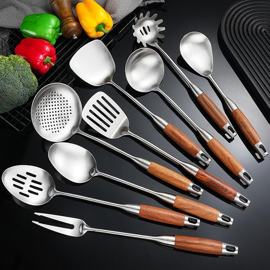 Stainless Steel Kitchen Utensils Set with Wooden Handle for Cooking 9 PCS with Solid and Slotted Spoon, Fork, Spatula, Ladle, Skimmer, Slotted Tunner, Spaghetti and Large Spoon