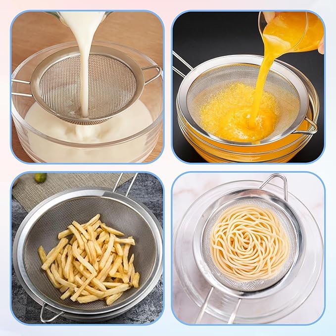 4 Pcs Stainless Steel Fine Mesh Strainer Small Metal Colanders and Sifters Sieves with Handles 4 Sizes Versatile Kitchen Strainer for Steeping Loose Leaf Tea Straining Juice and Sifting Flour Sugar