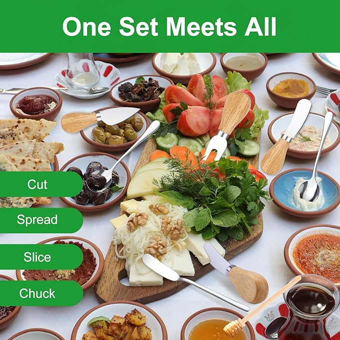 26 Pcs Charcuterie Boards Accessories, Cheese Knife Set with Wooden Handle, Service for 4 Charcuterie Utensils Include Mini Cheese Spreader Knives, Forks, Tongs, Spoons, Honey Dipper for Appetizers