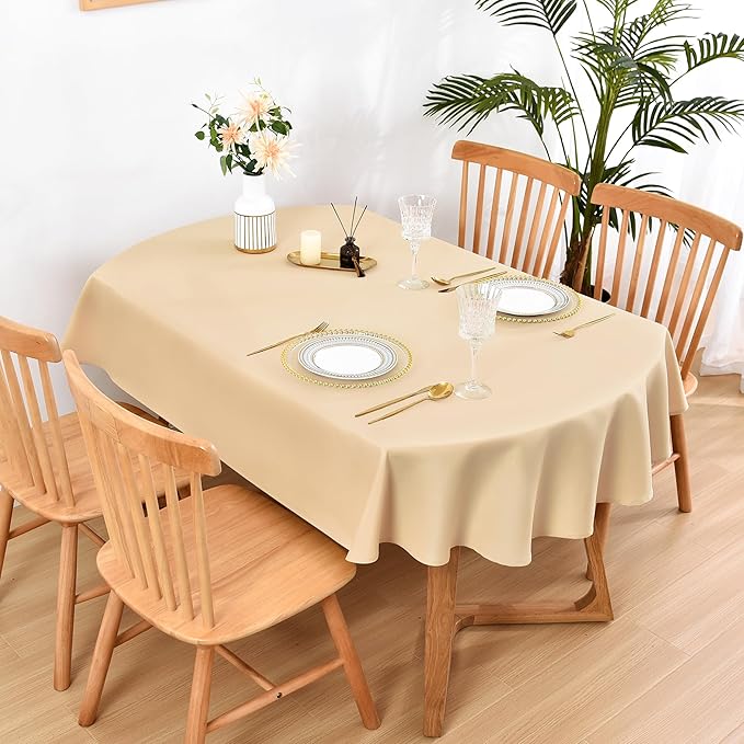 Wolkemer Oval Tablecloth 60 x 102 Inch Washable Fabric Table Cloth Solid Beige Table Cover for Dining Wedding Party Banquet Tabletop Decoration