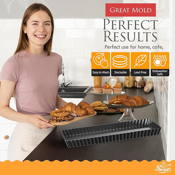YUMTART 14 Inch Rectangular Tart Pan with Removable Bottom - Non-Stick, Deep Fluted for Tarts, Quiches, and Pies