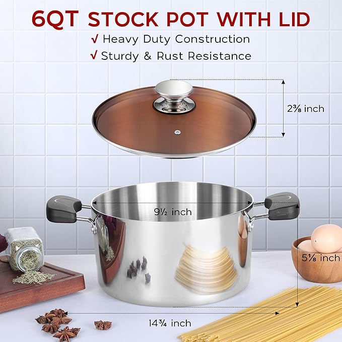 6 Quart Stainless Steel Stock Cooking Pot, Onader Tri-Ply Soup Induction Pot Stockpot with Lid & Anti-Scald Handles