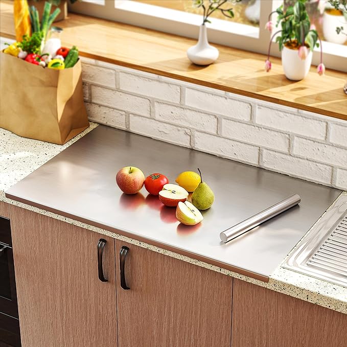 ISXACFF Large Cutting Board 35.4" L X 22.8" W Stainless Steel Cutting Board with Lip Metal Baking Board Non Stick Thick Board with Rolling Pin for Meat Fruits Vegetables Bread and Baking