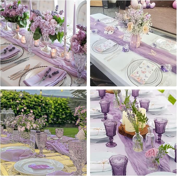 10 Pack Cheesecloth Table Runner 6FT Boho Gauze Rustic Fabric Table Runner Vintage Sheer Tablecloth for Wedding Party Bridal Baby Shower Decorations (Light Purple)