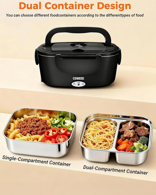 Electric Lunch Box Food Warmer-80W Fast Heating, 2 Leak-Proof SS Containers 1.5L | 12V/24V Car/Truck & 110V Home/Office |Portable Food Warmer for Drivers, Workers, Office & Travel (Black)