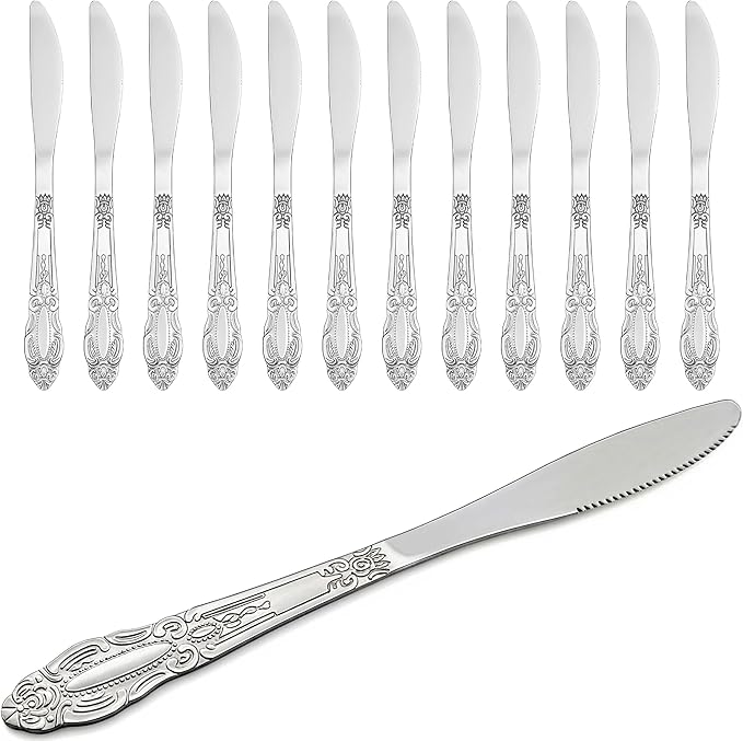 DecorRack 12 Pack Stainless Steel Dinner Knives, Sturdy Tableware for Dinner, Steak, or Dessert, Rust-Resistant & Mirror Polished (12 Pack)