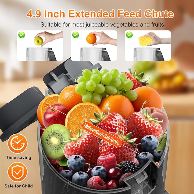 Voltisphere Cold Press Juicer,400W Juicer Machines,4.9"Wide Feed Chute Slow Masticating Juicer for Whole Vegetables & Fruits,Advanced Touch Sensing Switch, (Silver Gray)