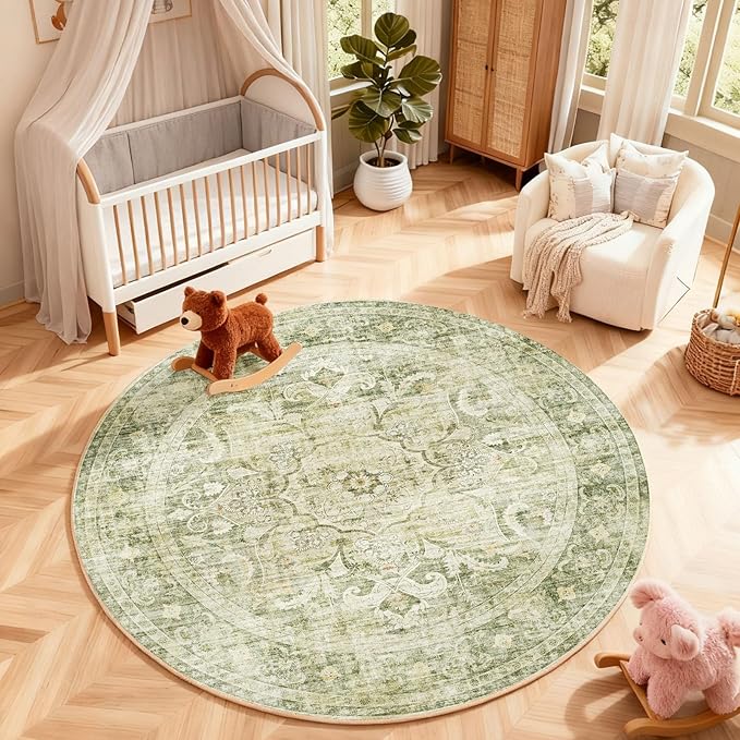 4x4 Round Bedroom Rug Washable: Round Rugs Stain Resistant Green Floral Rug Non Slip Low Pile Small Carpet for Bedroom Kitchen Entryway Living Room Bedside Office Dorm Kids Room Entrance