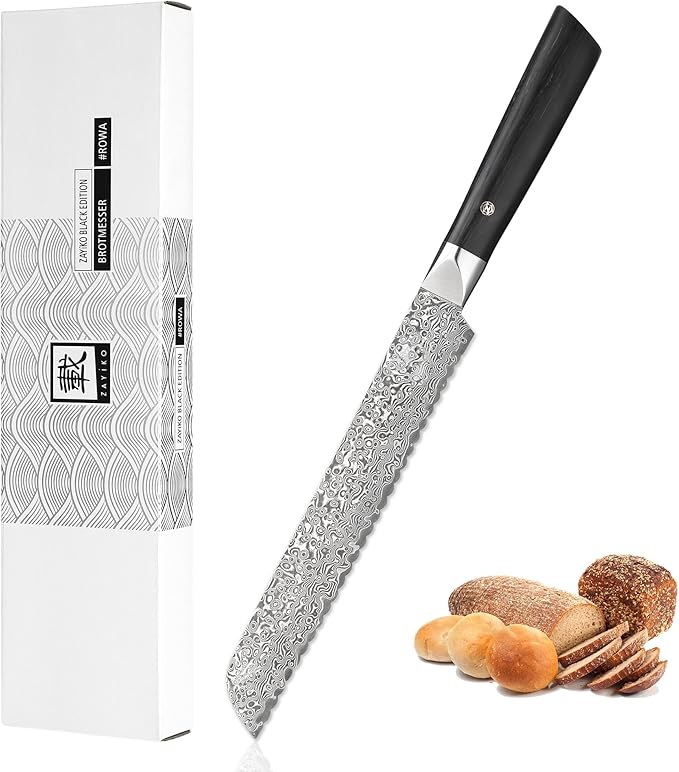 zayiko Black Edition Bread knife 8-inch blade extremely sharp from 67 layers I Damascus kitchen knives and professional chef's knives made of genuine Japanese Damascus with Pakka wood