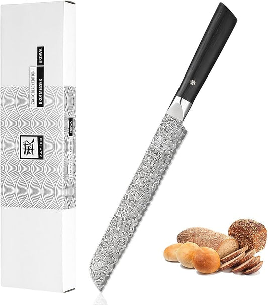 zayiko Black Edition Bread knife 8-inch blade extremely sharp from 67 layers I Damascus kitchen knives and professional chef's knives made of genuine Japanese Damascus with Pakka wood