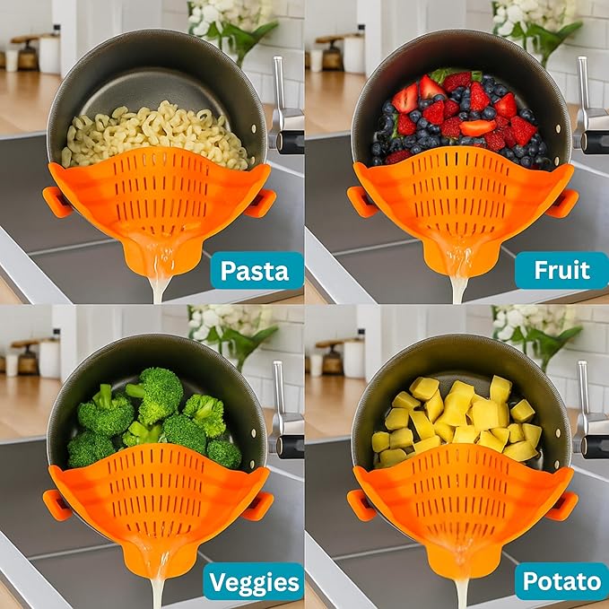 Clip on Strainer Silicone for All Pots and Pans, Colander, Pot Strainer for Pasta, Meat, Vegetables, Space Saving Design, Food-Safe with Collapsible Funnel, Garlic Peeler, 3 Pack (Orange)