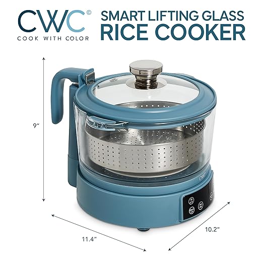 COOK WITH COLOR 3L Glass Mini Low Carb Rice Cooker – Holds 2 Cups Raw/Makes 6 Cups Cooked with Auto Lift Filter Basket, Hotpot & Steamer for Rice, Grains, Digital Panel with Keep Warm, Slate Blue