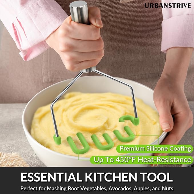 Urbanstrive Non-Scratch Silicone Potato Masher Kitchen Tool, Potatoes Masher Potato Masher Stainless Steel Wrapped In Premium Silicone, Potato Smasher, Green