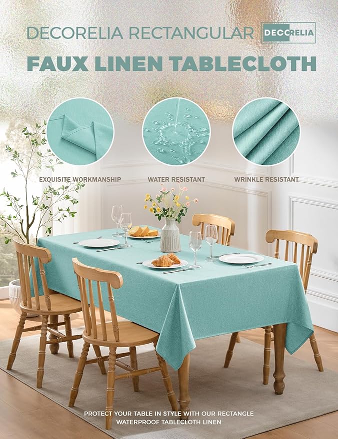 Faux Linen Small Rectangle Tablecloth for Kitchen Dining Room,Outdoor Coffee Wrinkle-Free Washable Table Cloth Covers for Wedding, Picnics, Party(Oblong, 60 x 84 Inch (6-8 Seats), Aqua)