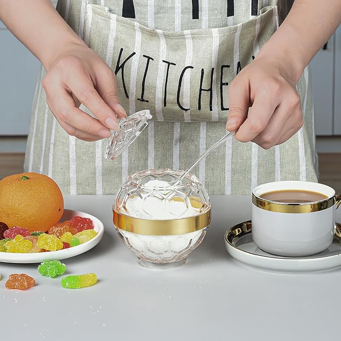 Clear Acrylic Sugar Bowl with Lid and Spoon,10 oz Sugar Container for Coffee Bar Accessories, Sugar Jar(Gold-plated)