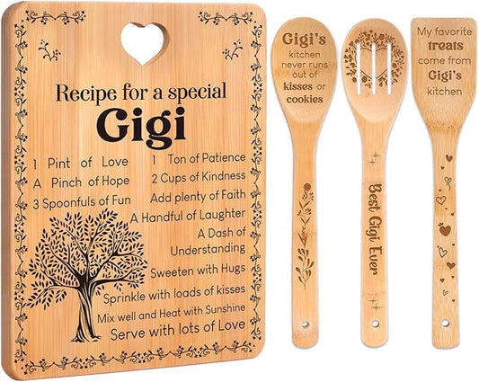 Gigi Gifts - "Recipe for a Special Gigi" Gigi Gifts for Grandma Cutting Board Set, Bamboo-Made Engraved Utensil Set Gifts for Gigi Cutting Board, Best Gigi Ever Gifts.