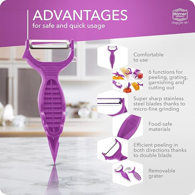 Börner by Reston Lloyd Vegetable Peeler, Garnish Knife, Nutmeg/Garlic Grater, Made in Germany, Purple