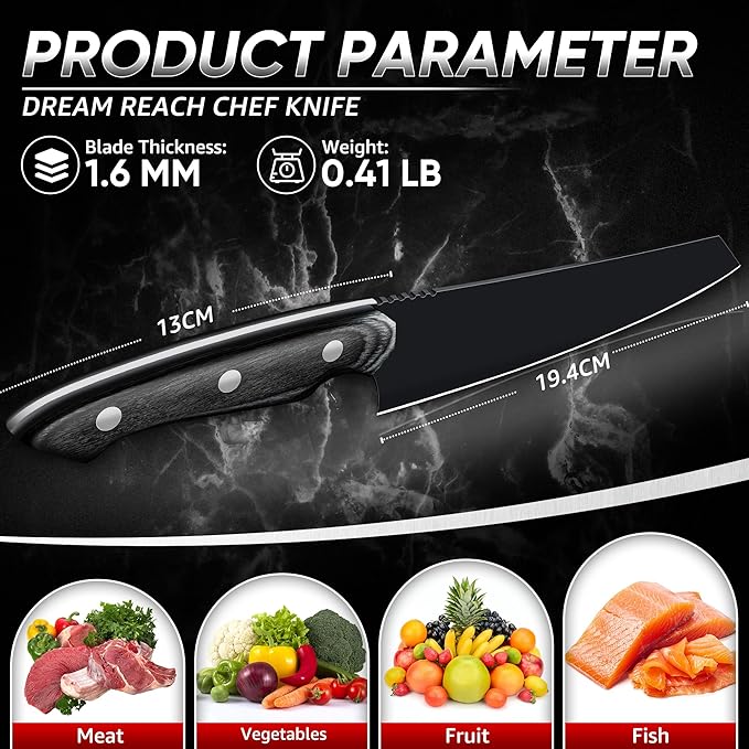 Dream Reach Kiritsuke Chef Knife - High Carbon Steel Sharp Kitchen Knife with Full Tang Handle, Hand Forged Black Cooking Knives for Birthday Mother Father Gift