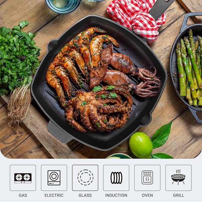 Northriver Casting 10.5 Inch Cast Iron Square Grill Pan with Tempered Glass Lid, Heavy Steak & Bacon Pans for Stove Tops