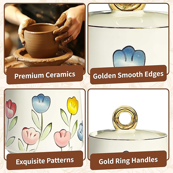 JUSONEY Ceramic Sugar Bowl with Lid and Spoon with Floral Pattern, Gold Trim - 7.5oz Elegant Sugar Jar with Lid and Spoon, Nordic Style for Kitchen, Dining, Cafe, Gift Idea (A)