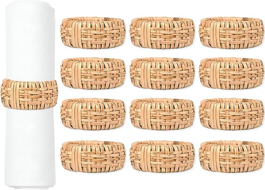 CLEENTABLE Rustic Napkin Rings Set of 12 - Elegant Round Cane Napkin Rings, Easy to Clean, Durable Versatile for Table Settings, Special Occasion, Easter Table Decor & Gift Giving Ideas (Natural)