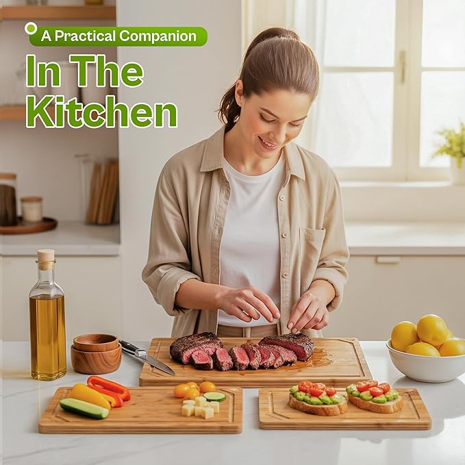 DaviGreen Bamboo Cutting Board Set of 3, 0.6-Inch Thick, Juice Groove, Hidden Handles, Reversible Bamboo Boards for Kitchen Prep & Serving