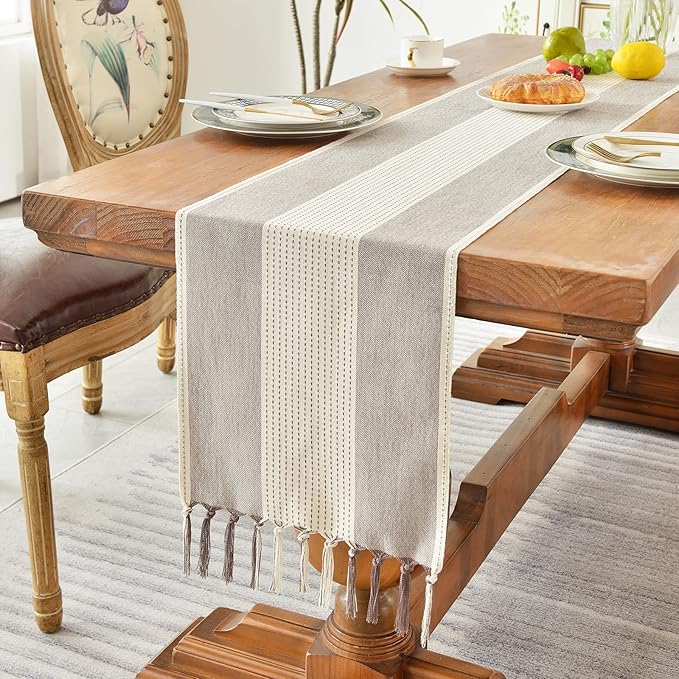 Wracra Linen Table Runner, Farmhouse Macrame Table Runners 60 Inches Long for Dining Table Decor, Wedding, Party and Dresser Decor (Dark Coffee,60")