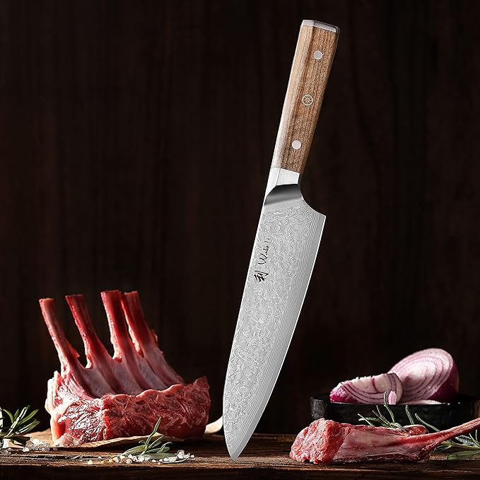 Wakoli Oribu Kiritsuke Chef's Knife I 20 cm blade made of 67 layers of Damascus steel, olive wood handle