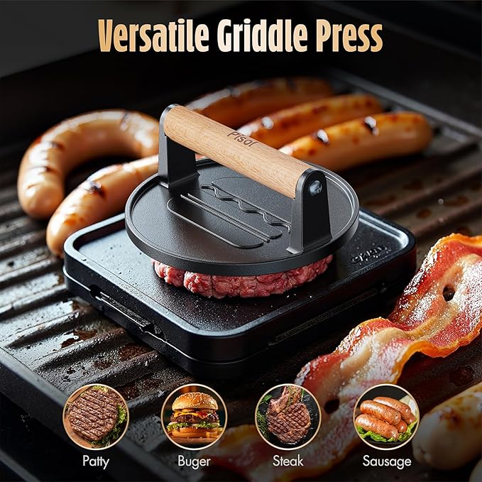 Pisol Smash Burger Press, Pre-Seasoned Cast Iron Hamburger Smasher, 2 lb Heavy-Duty Grill Bacon Meat Press Tool with Wood Handle, 6.6”