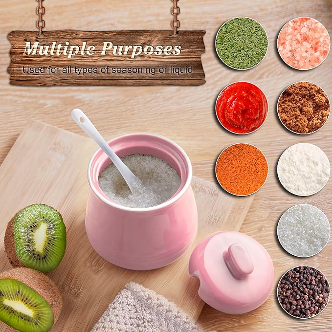 Sugar Bowl with Lid and Spoon - 12 oz Ceramic Sugar Bowl with Spoon - Sugar Container for Coffee Bar - Sugar Jar Sugar Dispenser Bowl - Pink Kitchen Decor and Accessories