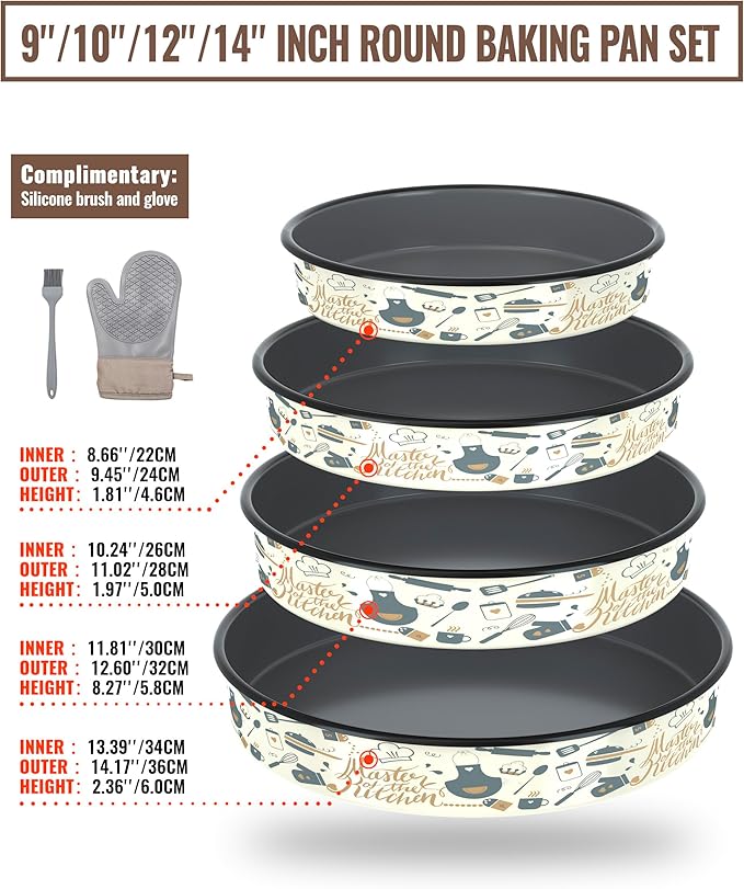 MCCSI Round Baking Pan Set Roasting Dish 4-Pack 9/10/12/14 Inches Enamel Non Stick Large Cookware for Cake Bread Pie Pizza Turkey Steak, Non-Toxic Oven Dishwasher Safe Mom's Christmas Gift Bakeware