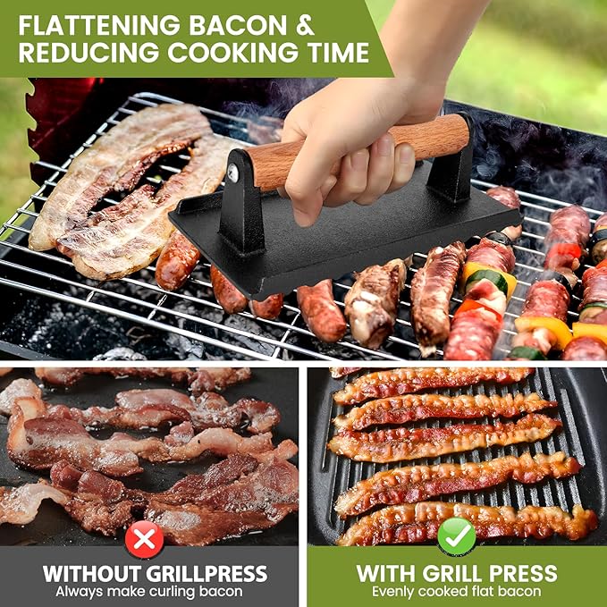 Whaleme Burger Press, 8”X4”Rectangle Heavy-Duty Cast Iron Smash Burger Press Griddle Accessories with Heat Resistant Wood Handle for Blackstone Griddle, Ideal for Panini, Steak & Sandwiches