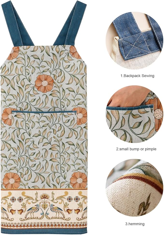 patdrea Blue Floral Linen Apron with Pocket,French Kitchen Garden Chef BBQ Aprons for Women and Men,Crisscross Back Straps