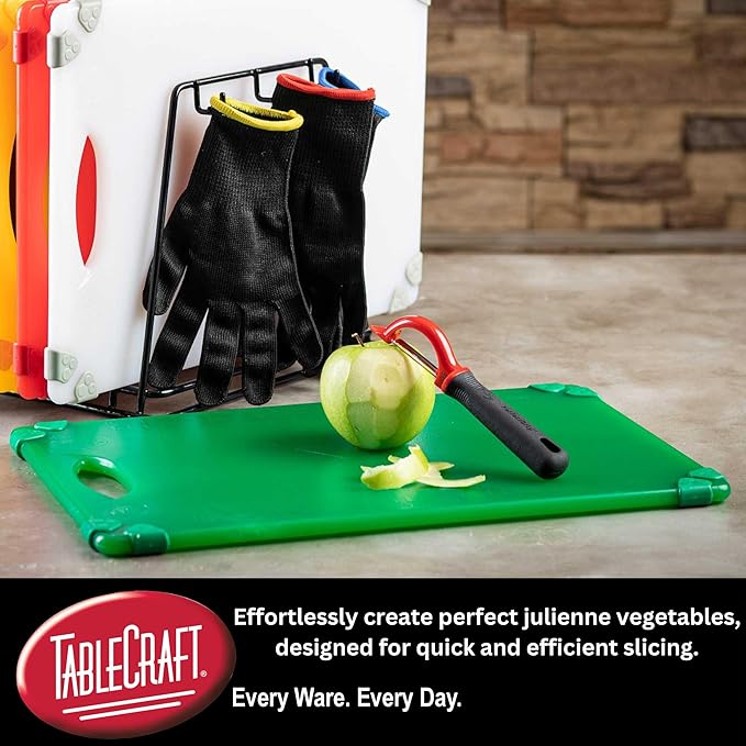 TableCraft 10997 Vegetable Peeler, Stainless Steel, Straight Edge, Ergonomic Non-Slip Handle with Eye Remover, 1.125"x1.375"x7.25", Red/Black – Commercial Kitchen Use