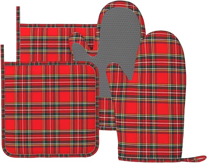 Christmas Silicone Oven Mitts and Pot Holders Sets Red Green Buffalo Plaid Kitchen Mitts Rustic Christmas Checkered Potholder Kitchen Accessories for Cooking Baking BBQ