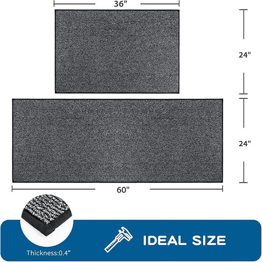 PURRUGS Machine Washable Kitchen Rug Set [2 PCS] (24" x 36"+ 24" x 60"), Non-Slip/Skid Kitchen Runner Rugs & Floor Mats, Super Absorbent Soft Area Rugs for Sink, Kitchen & Laundry, Charcoal
