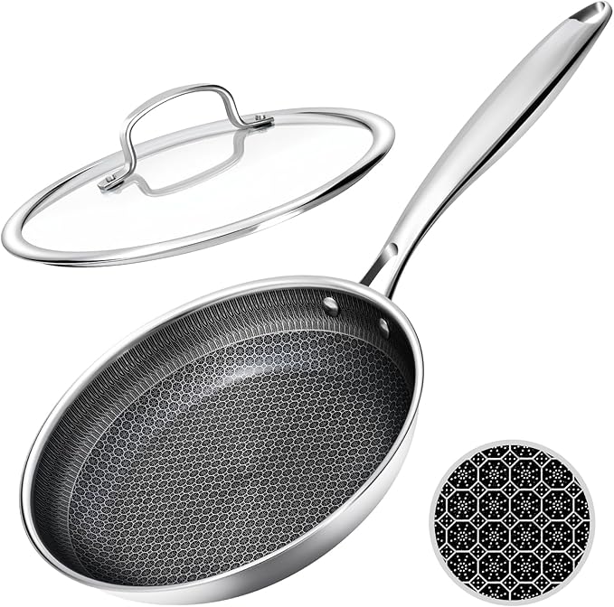 USELUCK Nonstick Frying Pans with Lid,8-Inch Stainless Steel Skillet with Honeycomb Surface,Dishwasher-Friendly,Oven-Safe,PFAS-FREE,Non-Toxic,Compatible with All Cooktops.