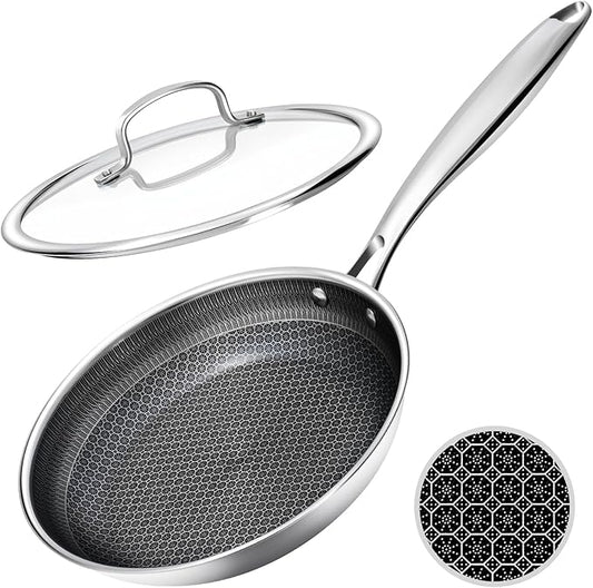 USELUCK Nonstick Frying Pans with Lid,8-Inch Stainless Steel Skillet with Honeycomb Surface,Dishwasher-Friendly,Oven-Safe,PFAS-FREE,Non-Toxic,Compatible with All Cooktops.