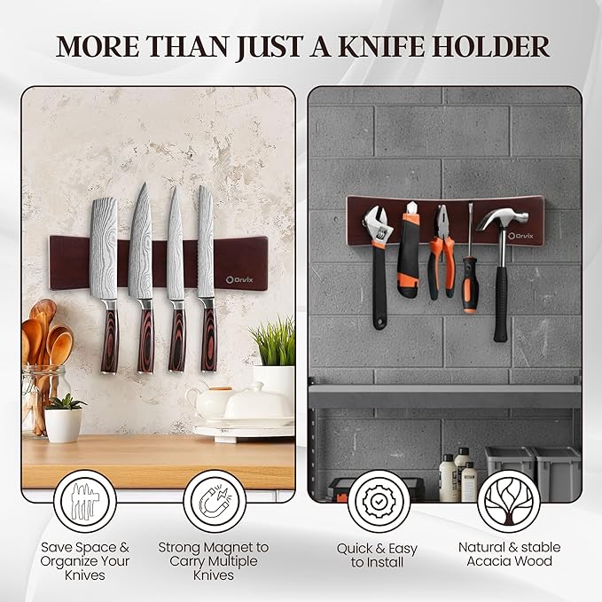 10 Inch Acacia Wood Magnetic Knife Holder for Wall - Magnetic Knife Strip & Knife Magnet - Kitchen Knife Storage Bar & Utensil Organizer