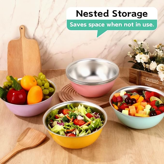 10 Pcs Stainless Steel Mixing Bowls 68 oz Metal Salad Bowls with Graduations Reusable Baking Food Containers Nesting Camping Bowl for Ice Cream, Salad, Soup, Baking, Sauces(8.9 x 3.5 Inch)