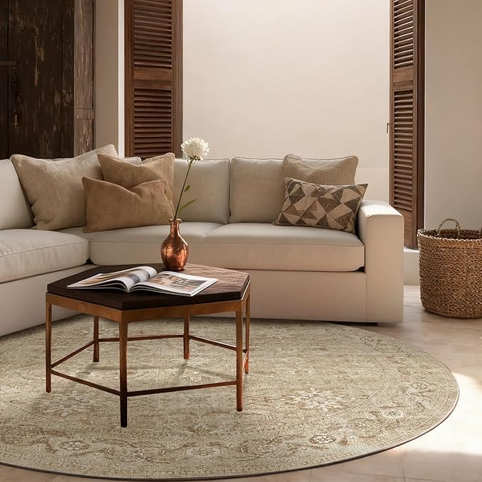 4x4 Round Bedroom Rug Washable: Round Area Rug Stain Resistant Boho Rug Non Slip Low Pile Small Carpet for Living Room Bedroom Kitchen Entryway Bedside Office Dorm Kids Room Entrance