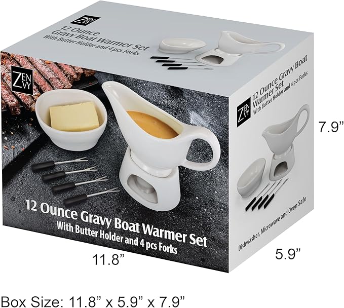Zenvy Gravy Boat Set | 12 Ounce Ceramic White Gravy Dish Set With Candle Warmer Stand, Butter/Dip Dish, And Appertizer Forks